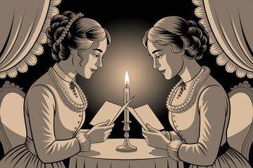 Vintage sisters reading by candlelight: elegant victorian evening scene capturing historical charm