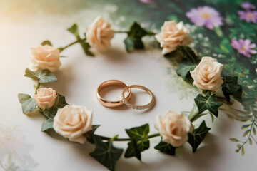 Elegant wedding rings surrounded by roses and greenery in romantic setting
