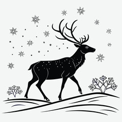 A reindeer in falling snow silhouette design vector art and illustration