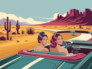 Retro desert road trip with convertible and friends