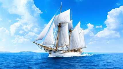 A majestic white sailing ship with billowing sails glides gracefully across a vibrant blue ocean under a bright sunny sky with puffy white clouds a breathtaking high-quality