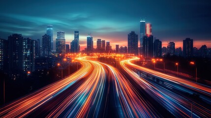 Fototapeta premium Stunning cityscape at sunset showcasing vibrant highway traffic light trails against a modern city skyline