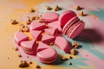 Colorful macarons with creative geometric arrangement on pastel background
