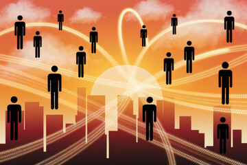 Digital networking people silhouettes over cityscape with abstract connections and sunset