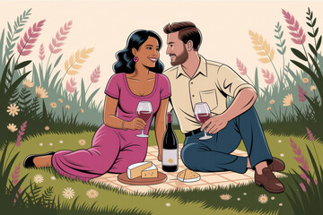 Romantic outdoor picnic with wine and cheese in a scenic garden setting