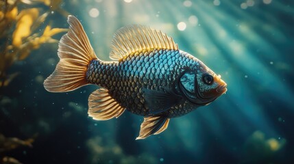 Obraz premium Sunlight illuminates a fish in underwater kelp forest
