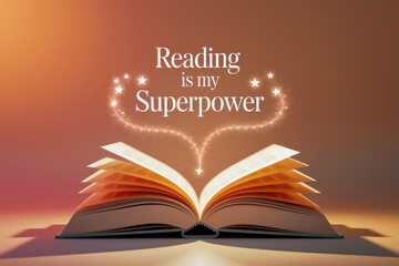 Reading is my superpower: illuminated open book with magical sparkles on gradient background
