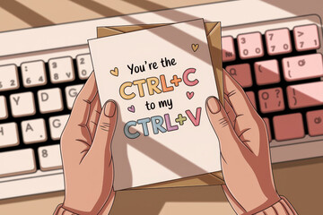 Romantic computer-themed card with keyboard and heartfelt message