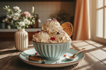 Delicious ice cream in rustic setting with cookies and fresh berries
