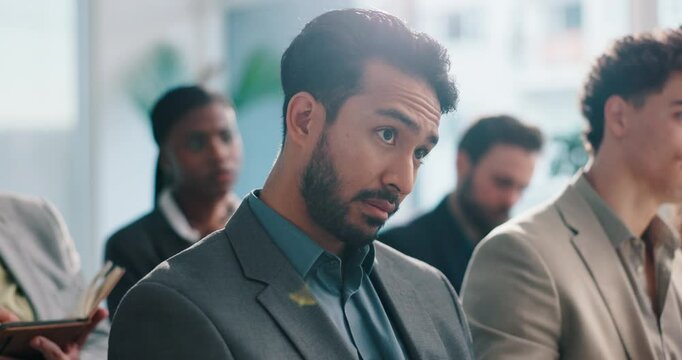 Business man, listen and audience at convention with training, presentation and review at company. People, employees and talk in crowd at event with attention, notes or info at corporate conference