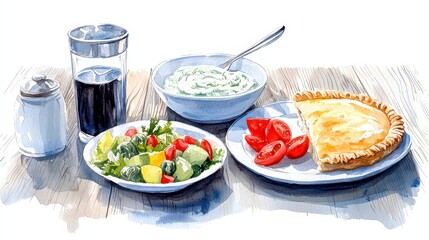 A delightful watercolor painting showcases a selection of traditional Greek food including a savory pie, vibrant salad, creamy tzatziki, and a refreshing dark beverage perfectly
