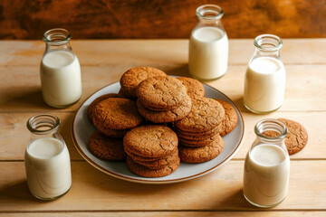 Homemade chocolate chip cookies and milk on rustic wooden table