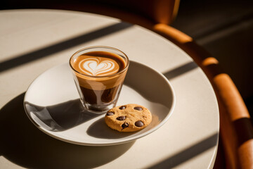 Latte art cappuccino with heart pattern and chocolate chip cookie in sunlit cafe