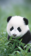 Cute giant panda sitting on grass chewing on bamboo with calm expression