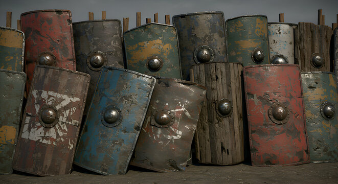 Ancient Roman Legionary Scutum Shields: A Collection of Battered and Weathered War Shields