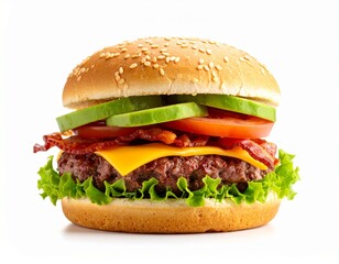 アボカドとベーコン入りのボリューム満点ハンバーガー　白背景