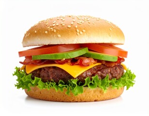 アボカドとベーコン入りのボリューム満点ハンバーガー　白背景