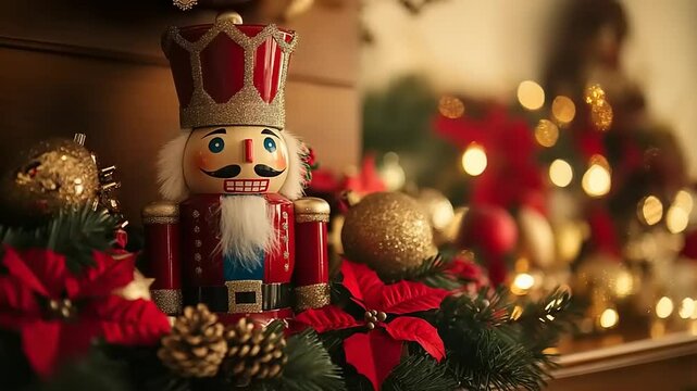 Festive nutcracker surrounded by holiday decorations and lights