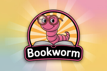 Colorful cartoon bookworm logo with glasses on open book and sunburst background