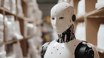 Fototapeta premium A white humanoid robot, close-up, stands in a workshop or factory setting, surrounded by various objects.