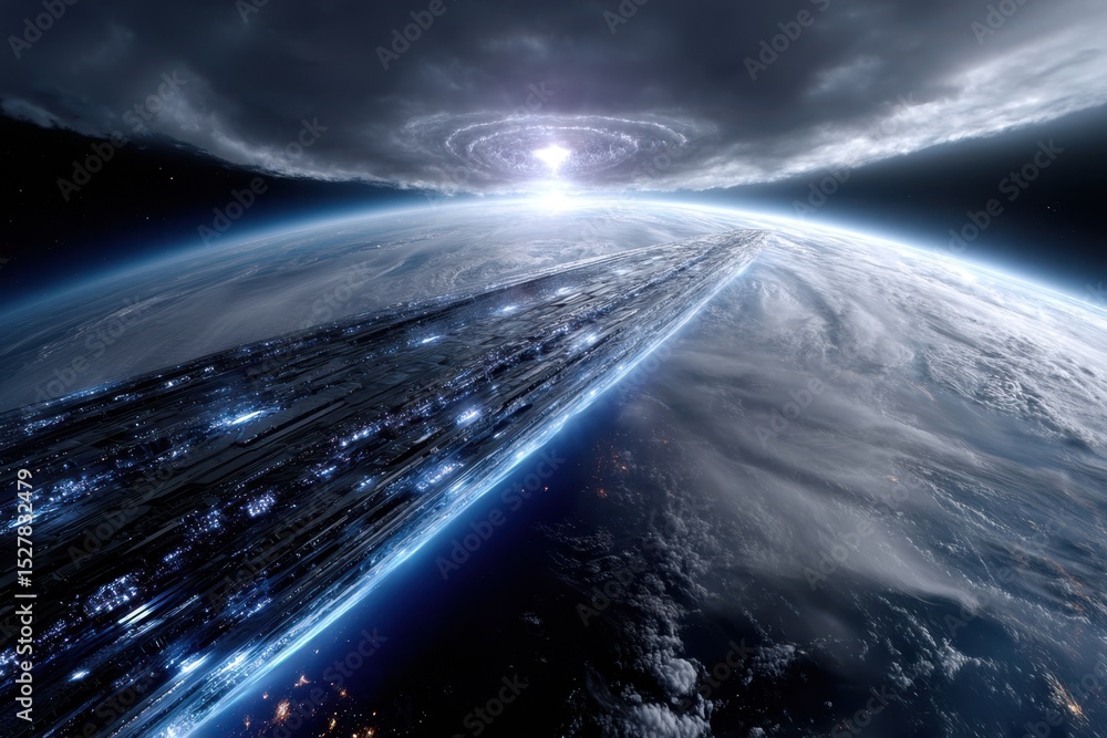 Poster futuristic space structure hovering above earth during a dramatic celestial event