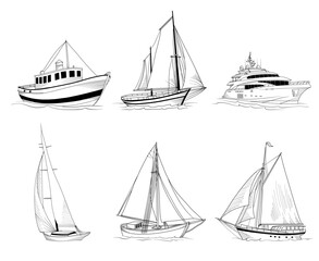 Set of hand drawn vector line drawn yachts, isolated marine transport, line drawing Sailboat illustration