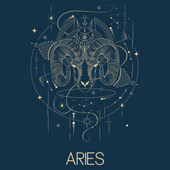 Aries zodiac sign vector line drawn illustration, horoscope character, stars, constellation and celestial elements in line art style
