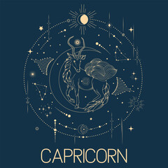 Capricorn zodiac sign vector line drawn illustration, horoscope character, stars, constellation and celestial elements in line art style