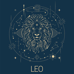 Leo zodiac sign vector line drawn illustration, horoscope character, stars, constellation and celestial elements in line art style