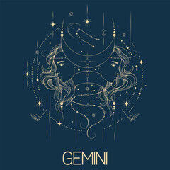 Gemini zodiac sign vector line drawn illustration, horoscope character, stars, constellation and celestial elements in line art style