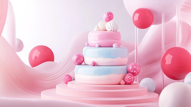 A three-tiered cake with pink and blue icing, adorned with decorative spheres and swirls, displayed on a pink pedestal, surrounded by pastel pink and light blue geometric shapes and large orbs.