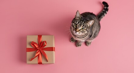top view of a cat sitting next to a gift, looking at it, on a pink background, copy space at the bottom for text. ,hyper realistic digital art