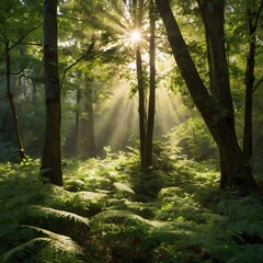 Obraz premium Tranquil Forest Scene with Sunbeams Streaming Through Trees 