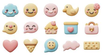 Naklejka premium Adorable 3D Cute Emojis and Food Cookies Design Elements