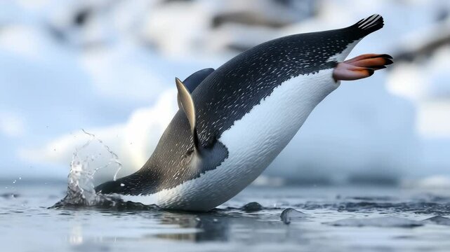 In Antarctica, a Gentoo Penguin leaps gracefully through icy water on a bright day, using a unique porpoising technique to propel itself forward