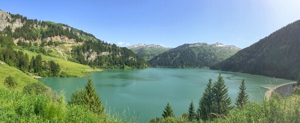 Panorama of serene alpine lake surrounded by lush forests and mountain scenery