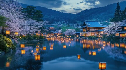 Fototapeta premium Cherry blossoms, lanterns, and temples by a tranquil pond at twilight