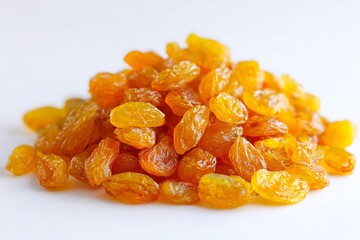 Glistening Golden Raisins In Center-Bottom Over A White Background, Soft Shadows Adding Depth. Perfect For Health-Conscious Sugar Substitute Branding, Cereal Box Designs, Or Children