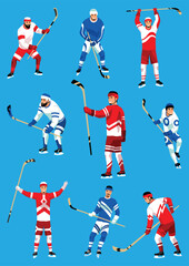 Hockey players. Ice hockey team sport, men with hockey sticks. Sportsman with helmet in cartoon flat style. Vector illustration isolated on white background