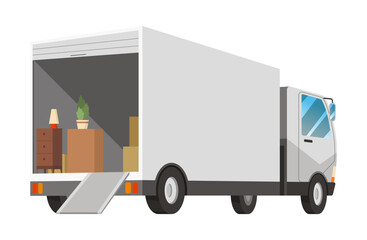 Moving service truck. Delivery loader with furniture. Unloading van on new home address, supplies logistic transportation. Cartoon vector illustration