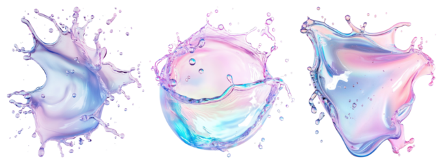 PNG Vibrant iridescent liquid splashes, element set on transparent background