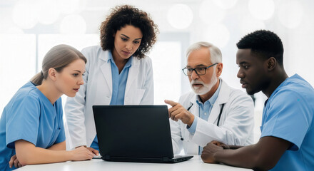 Diverse team of doctors and nurses gathering around a laptop in a hospital meeting, discussing medical reports and surgery planning.