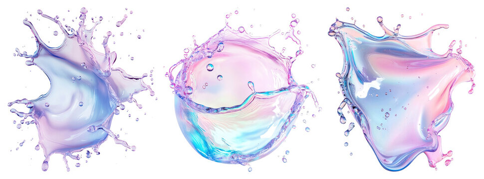 PNG Vibrant iridescent liquid splashes, element set on transparent background