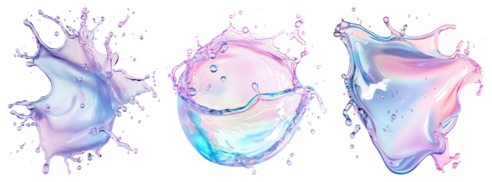 PNG Vibrant iridescent liquid splashes, element set on transparent background