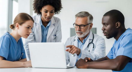 Meeting team of doctors healthcare workers in hospital boardroom around a laptop discussing patient treatment plans and reviewing medical data.
