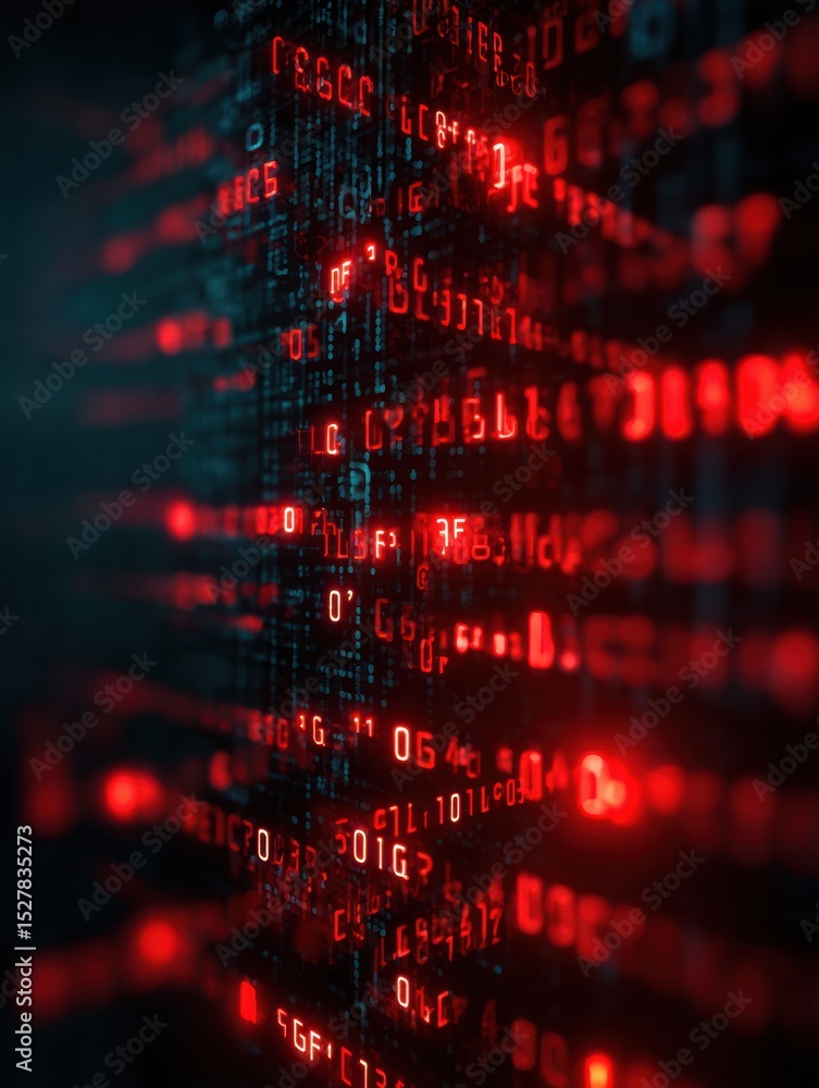 Fototapete Hacker Code Interface Displaying Glowing Red Symbols While Upper Section Remains Clean and Unobstructed