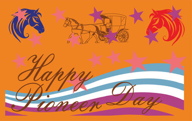 Naklejka premium Happy Pioneer Day with American Flag and Horses Pioneer Day Celebration with Patriotic Symbolism