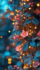 Glowing Fairy Lights And Delicate Pink Flowers, Dreamy Evening Illumination Botanical Composition .