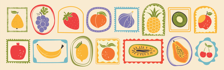 Summer fruit set. Hand drawn berry and fruit. Retro look with charcoal line. Fresh lemon, apple, orange. Fun stamp, cute logo, bold print. Vector doodle for cards, wrap, label or shirt