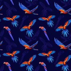 Tropical Parrot and Exotic Flowers Seamless Pattern. Bright seamless tropical pattern with parrot,...
